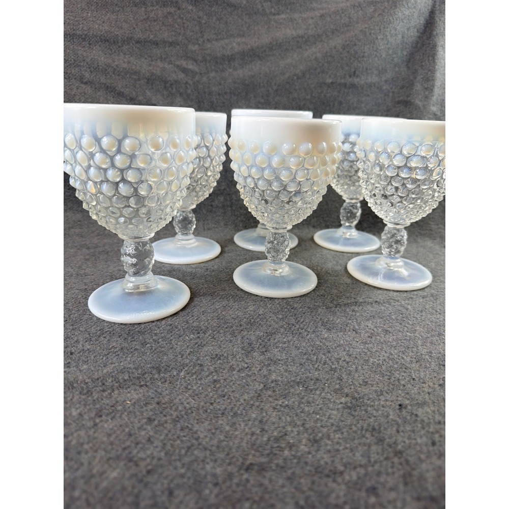 Fenton Moonstone Hobnail Opalescent Glass Goblets Set of 6 White Vintage MCM